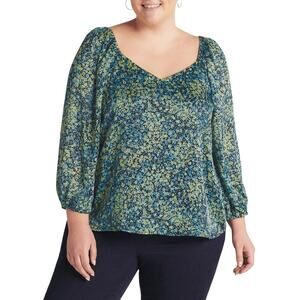 NWT Steve Madden Stevie Top 2X Blue Green Floral Blouse Crinkle Sheer Fairycore